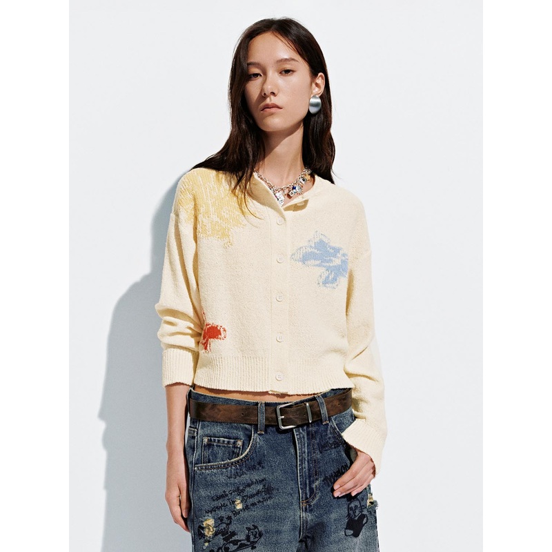 Print Button Up Knitted Cardigans White XS