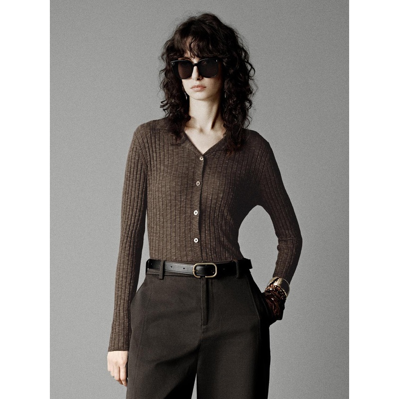 Collared Slim Fit Knitted Cardigans Brown XS