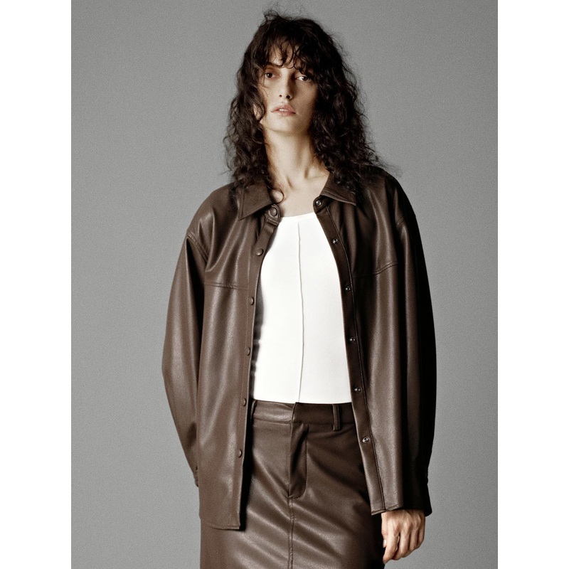 Vegan Leather Loose Fit Shirts Brown XS