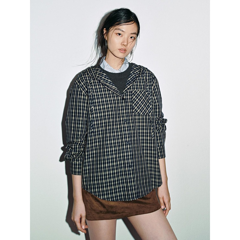 Drawstring Check Hooded Shirts Blue Checkered XS