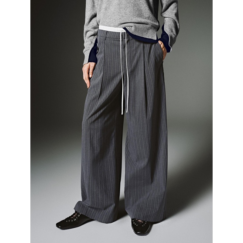 Drawstring Striped Wide Leg Pants Grey Striped XXS
