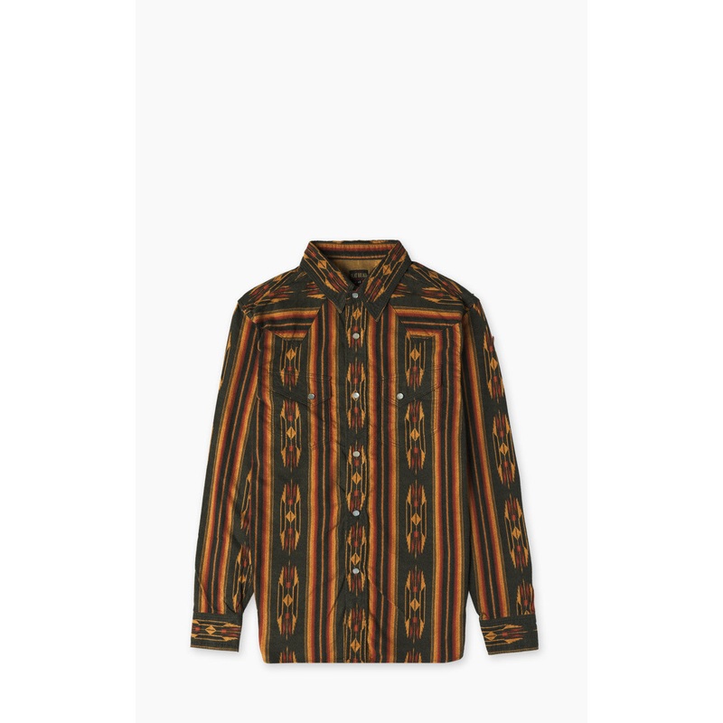 The Flat Head FN-SCW-018L Native Border Striped Flannel Western Shirt Black 38/M