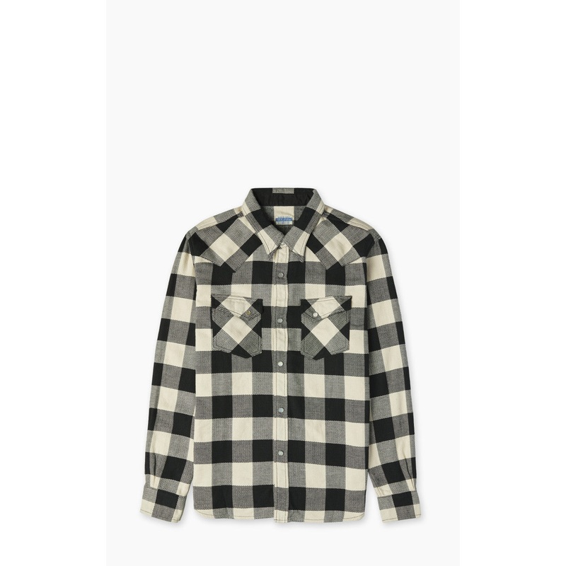 The Flat Head FN-SNW-101L Block Check Flannel Western Shirt Ivory/Black 38/M