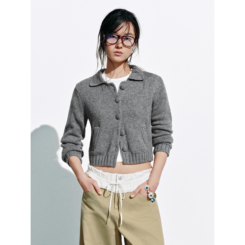 Collared Button Up Knitted Cardigans Grey XS