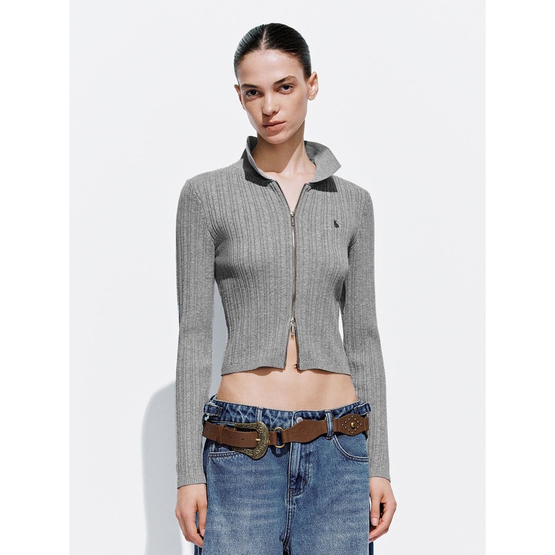 Collared Skinny Knitted Cardigans Grey XS
