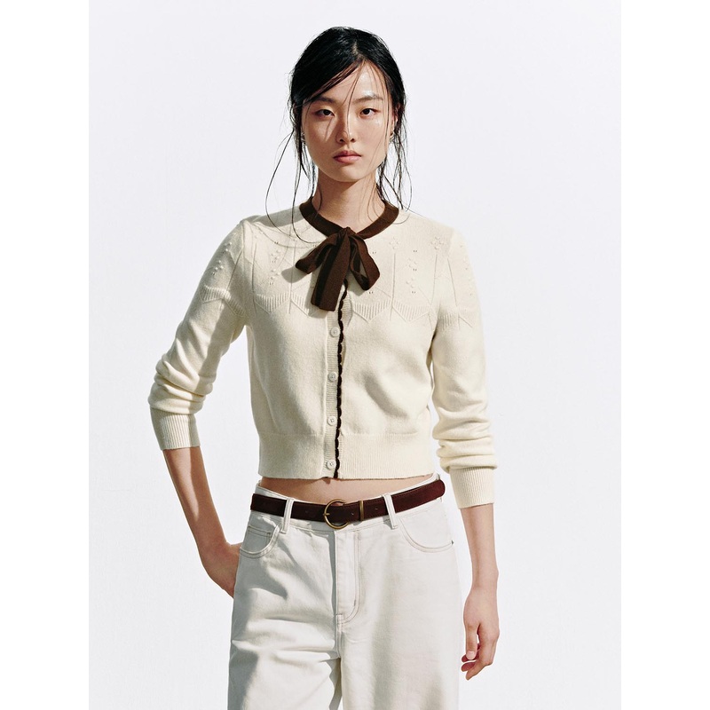 Contrast Tie Neck Knitted Cardigans White XS