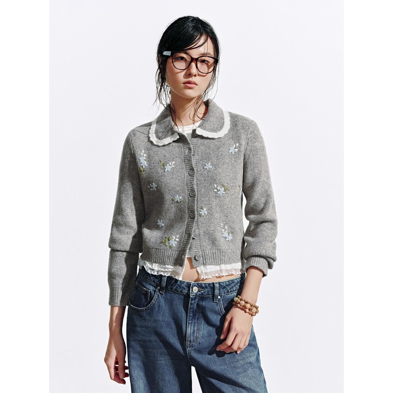 Embroidered Lace Hem Knitted Cardigans Light Grey XS