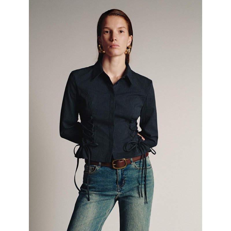 String Detail Ruched Waist Shirts Black Striped XS