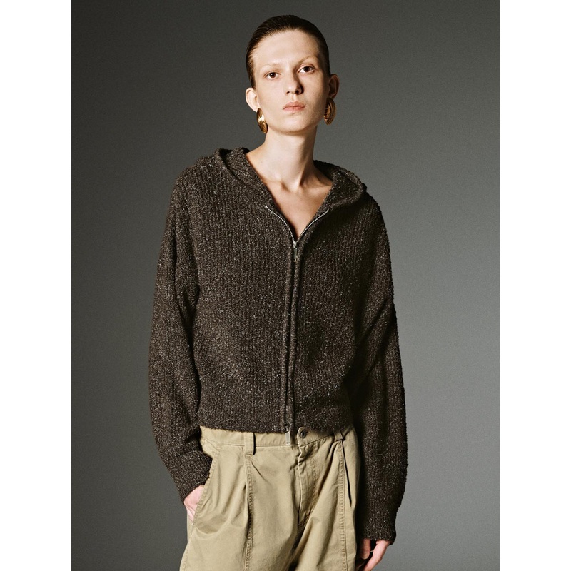 Collared Full Zip Knitted Cardigans Brown XS