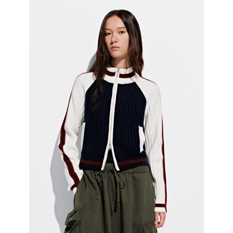 Contrast Full Zip Knitted Cardigans Blue XS