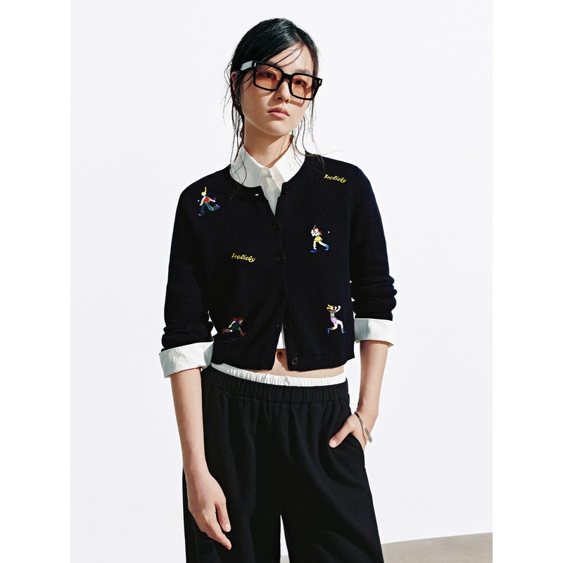 Crew Neck Embroidered Knitted Cardigans Blue XS