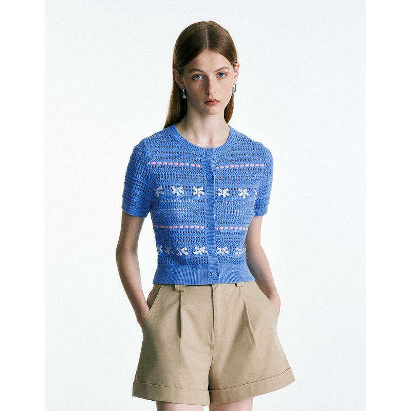 Crochet Crew Neck Knitted Cardigan Blue XS