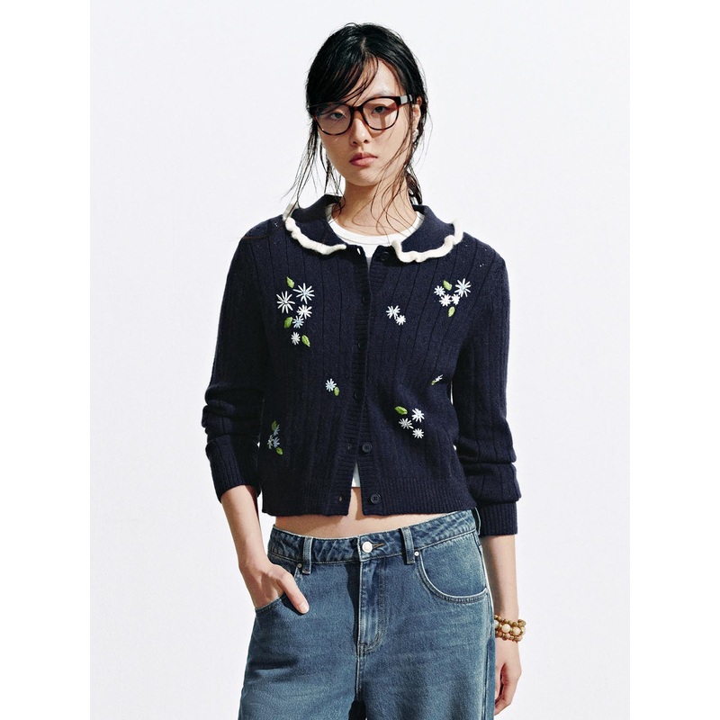 Frill Collar Embroidered Knitted Cardigans Blue XS