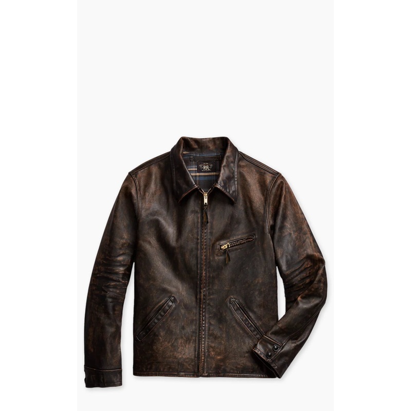 RRL Lynton Moto Leather Jacket Black Over Brown S