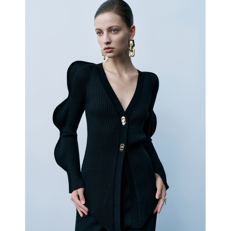 Wave Sleeve V-Neck Knitted Cardigan White XS