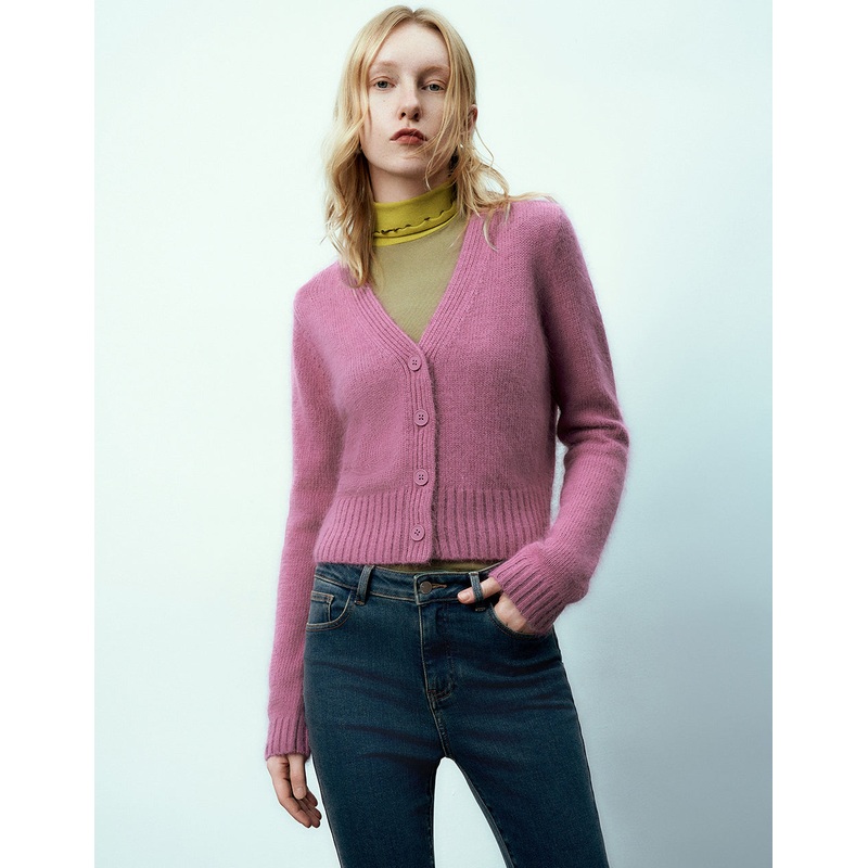 V-Neck Knitted Cardigan Pink XS