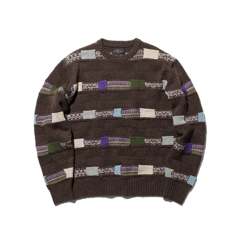 Jacquard Fair Isle Stripe 5G Crew Brown Medium