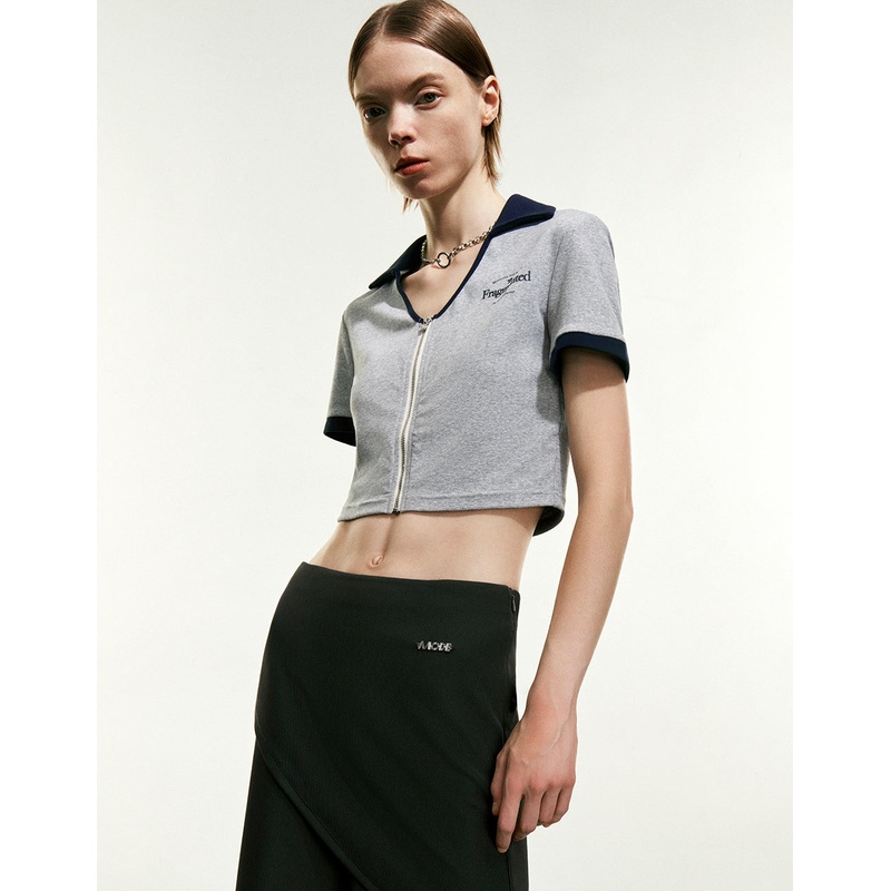 Zipper Front Lapel Shirt Light Grey XS