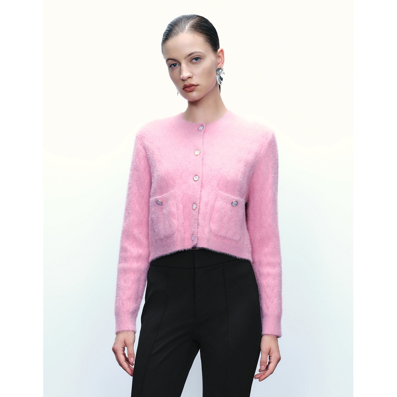 Button Up Crew Neck Knitted Cardigan Pink XS