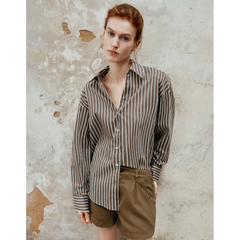 Striped Button Up Lapel Shirt Brown Striped XS