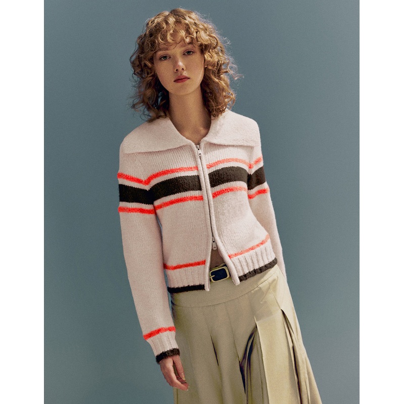 Zipper Front Striped Knitted Cardigan Multi-Color XS