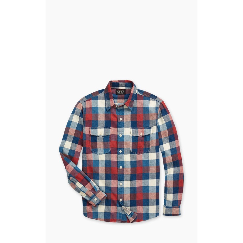 RRL Indigo Plaid Cotton-Linen Workshirt Red/Indigo S
