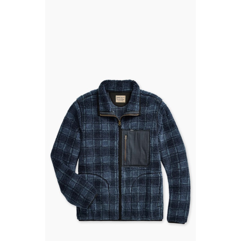 RRL Plaid Wool-Blend Pile Fleece Jacket Navy S