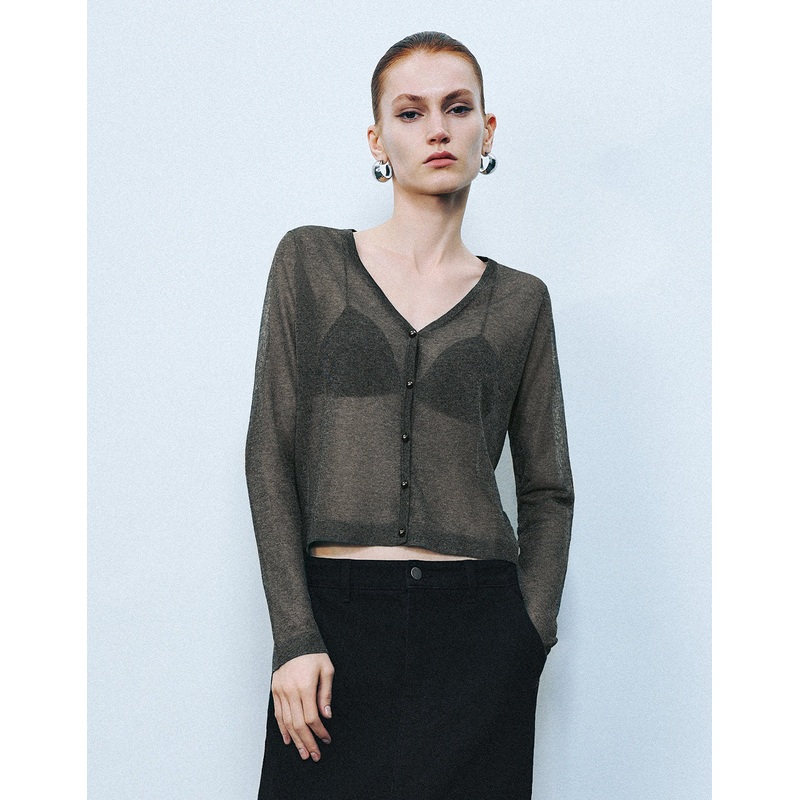 V Neck Knitted Cardigan Grey XS