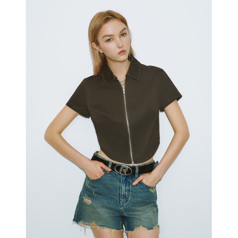 Zipper Front Lapel Shirt Brown XS