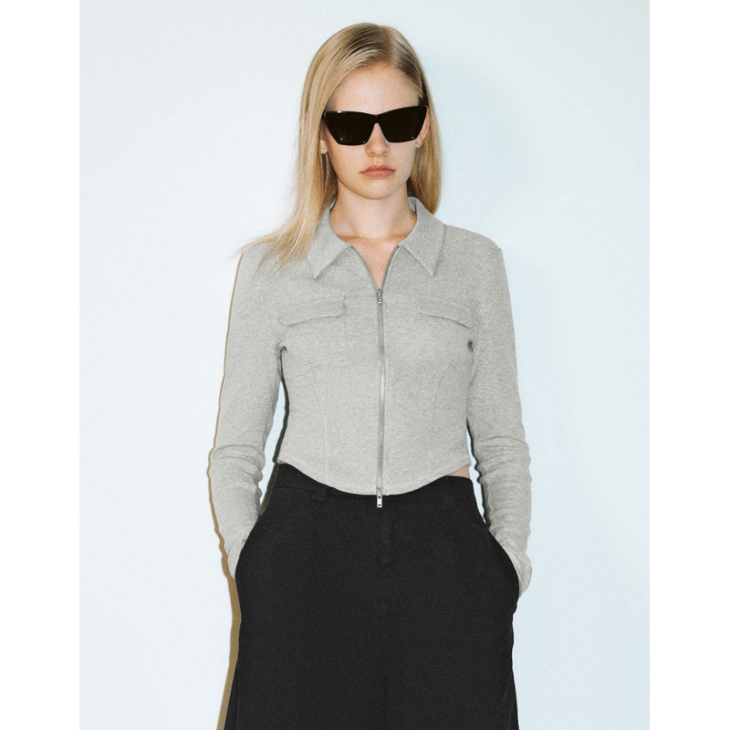 Zipper Front Skinny Shirt Grey XS