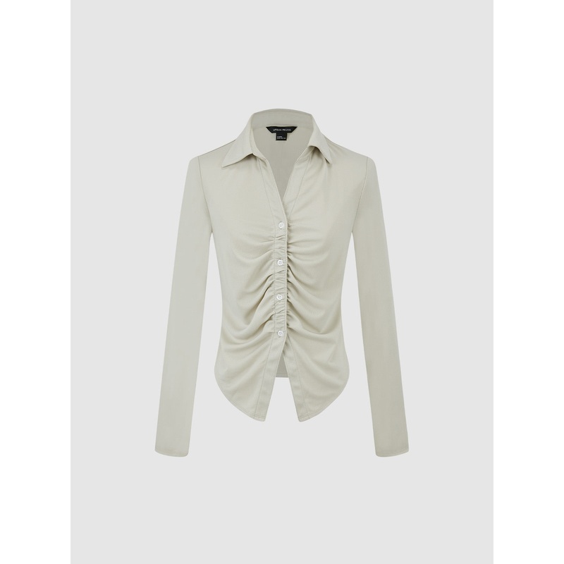 Collared Neck Skinny Shirt Pink Khaki XS