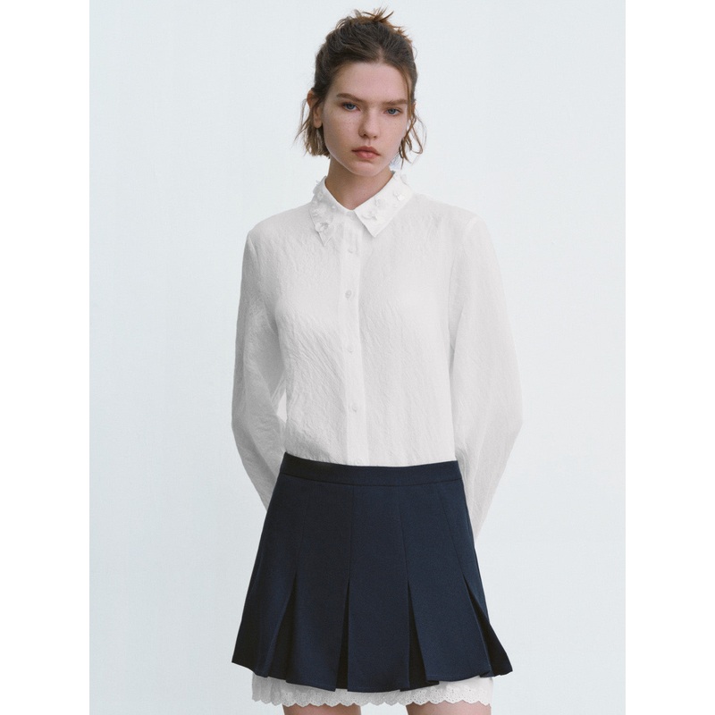 Textured Button Up Loose Shirt White XS