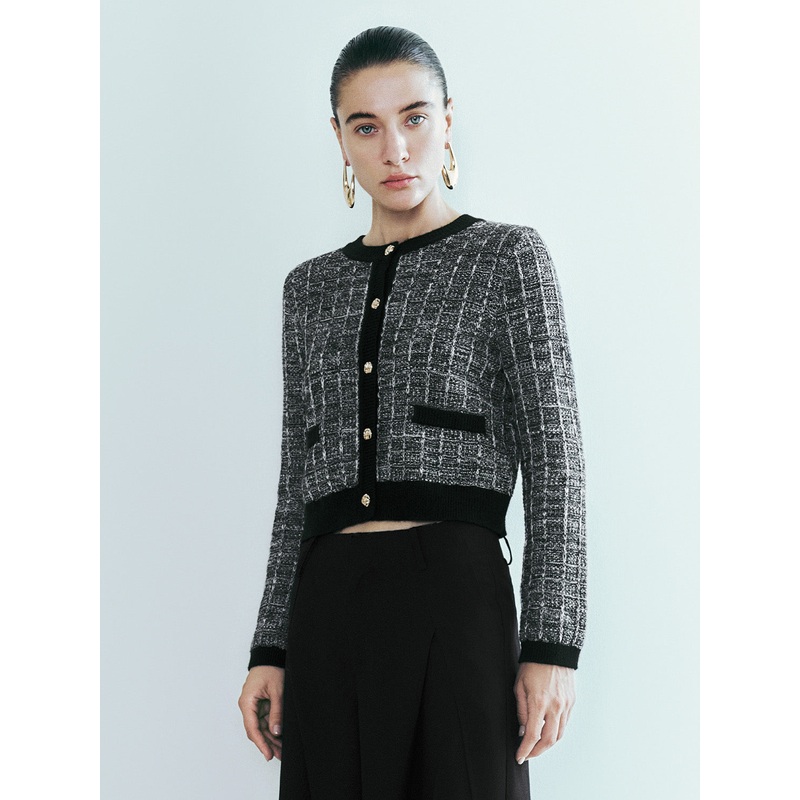 Contrast Trim Crew Neck Knitted Cardigan Black XS