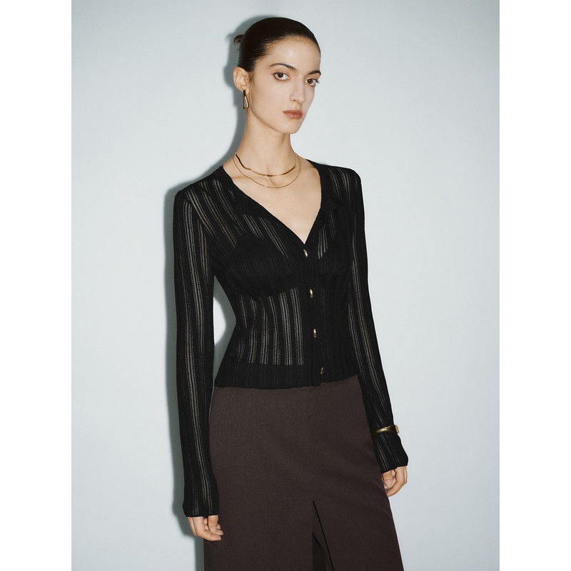 Crew Neck Skinny Knitted Cardigan Black XS