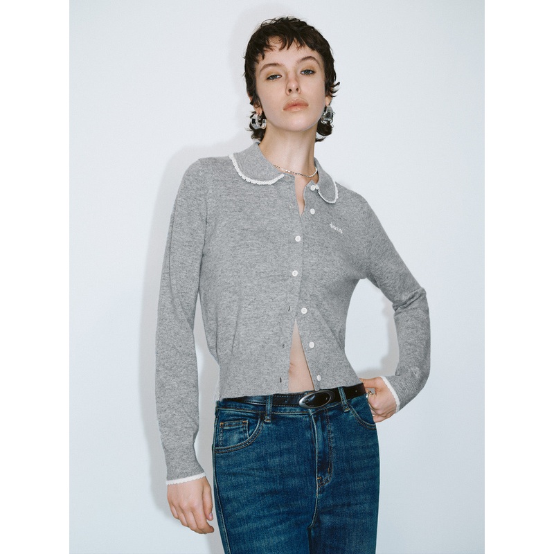 Eyelet Collar Skinny Knitted Cardigan Grey XS