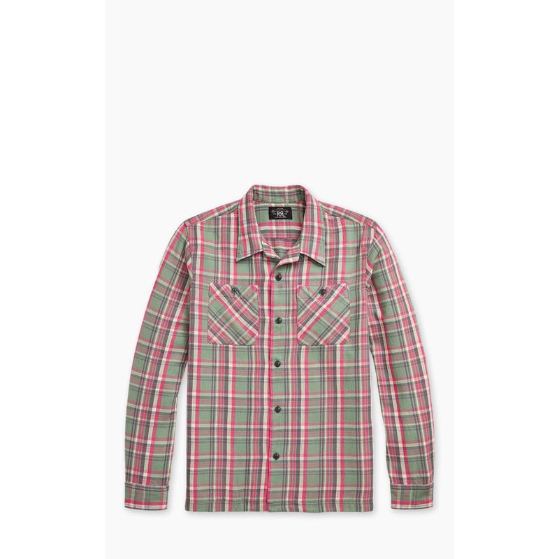 RRL Monterey Plaid Twill Camp Shirt Sage/Red M