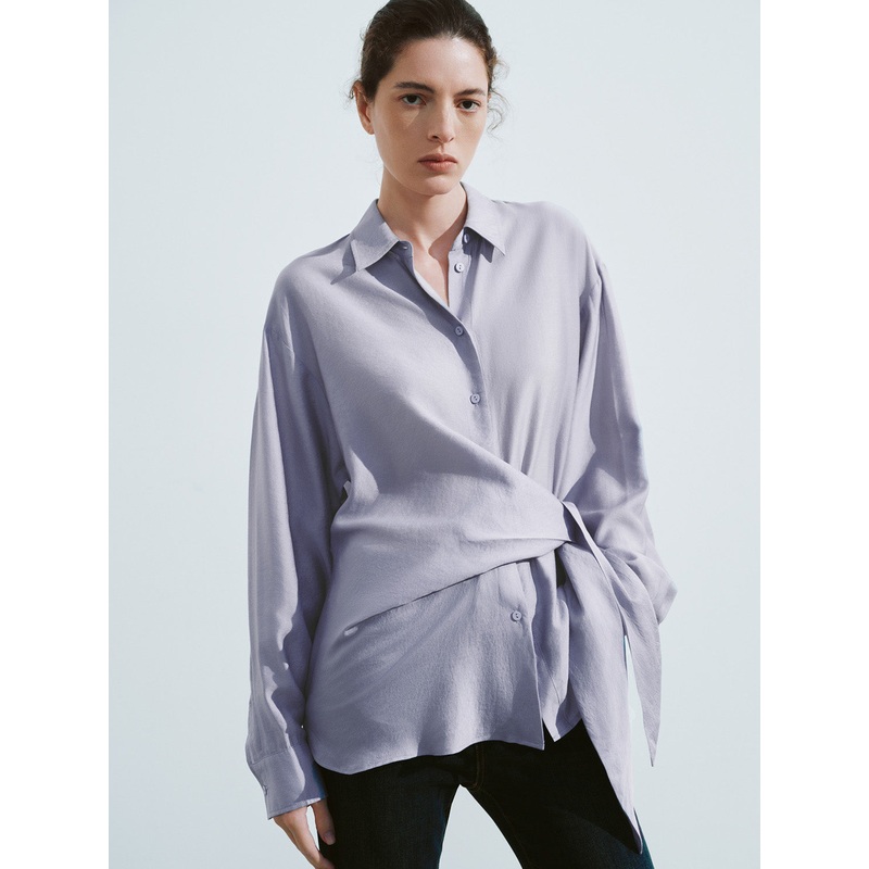 Tie Side Button Up Straight Shirt Purple XS