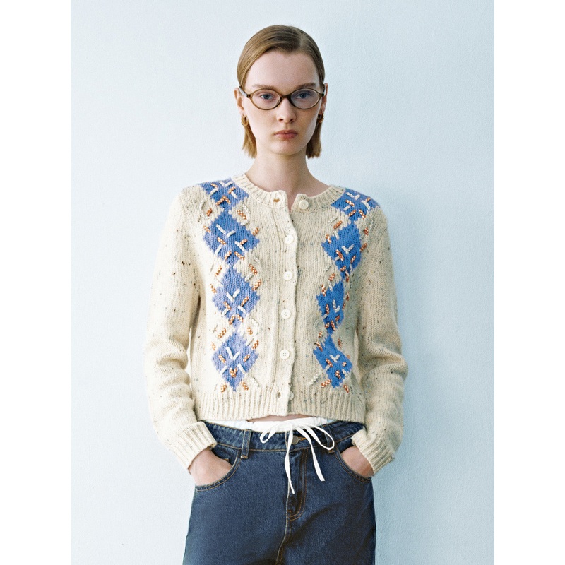 Argyle Printed Crew Neck Knitted Cardigan Blue Checkered XS