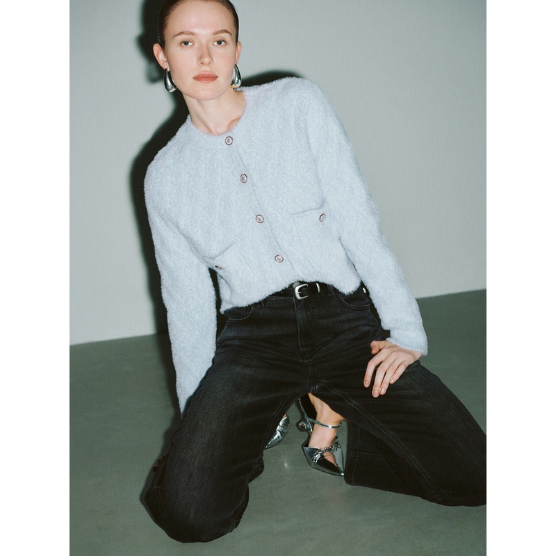 Crew Neck Knitted Cardigan Blue XS