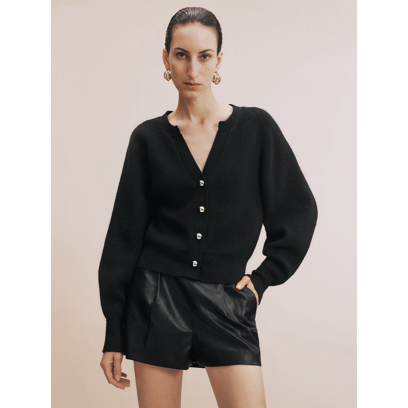 Notch Collar Knitted Cardigan Black XS