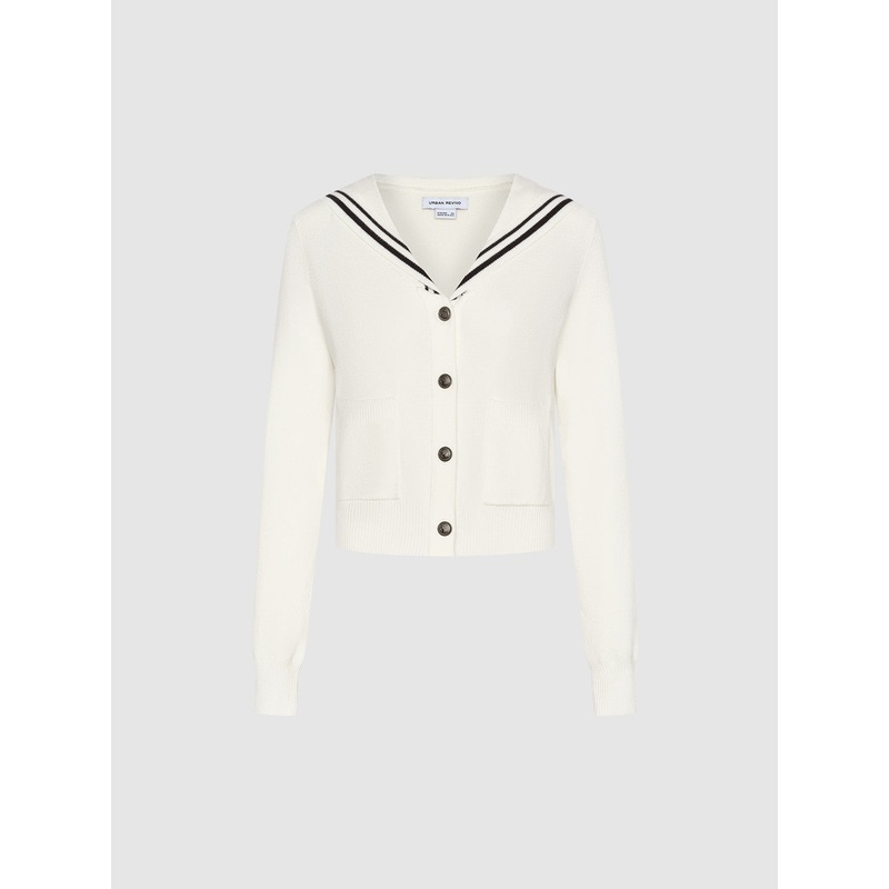 Sailor Collar Neck Knitted Cardigan White XS