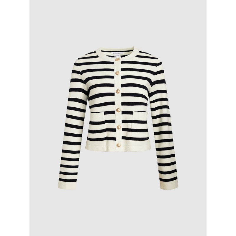 Striped Crew Neck Knitted Cardigan Black Striped XS