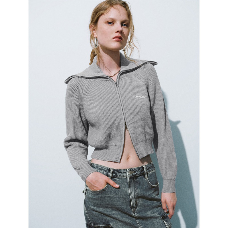 Collared Neck Knitted Cardigans Grey XS