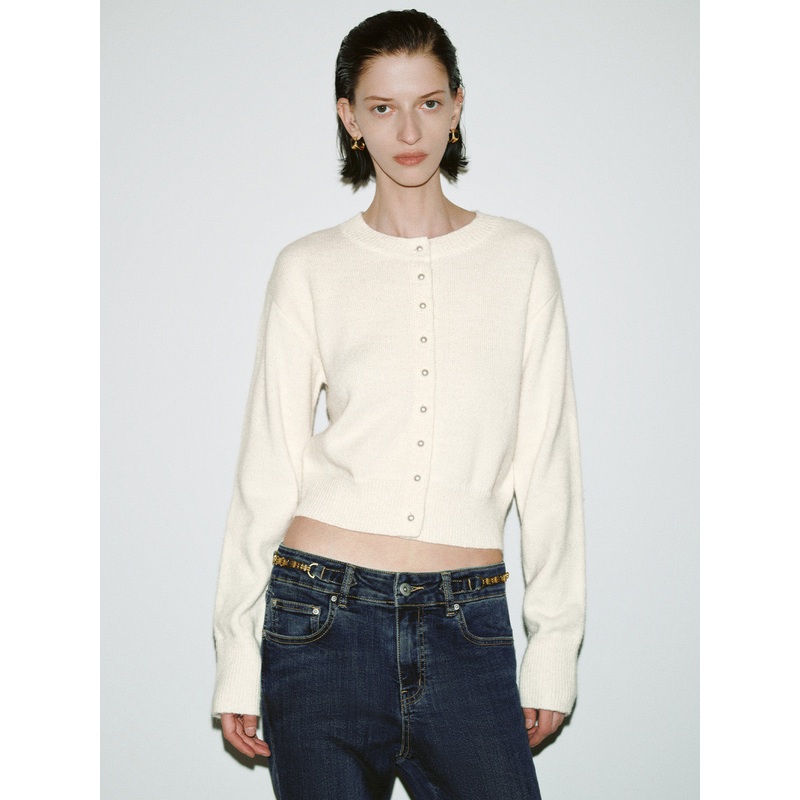 Crew Neck Knitted Cardigans White XS