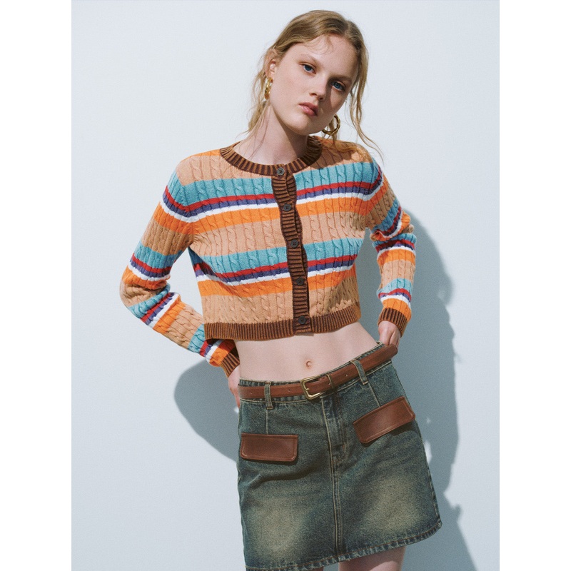 Striped Crew Neck Knitted Cardigans Khaki Striped XS