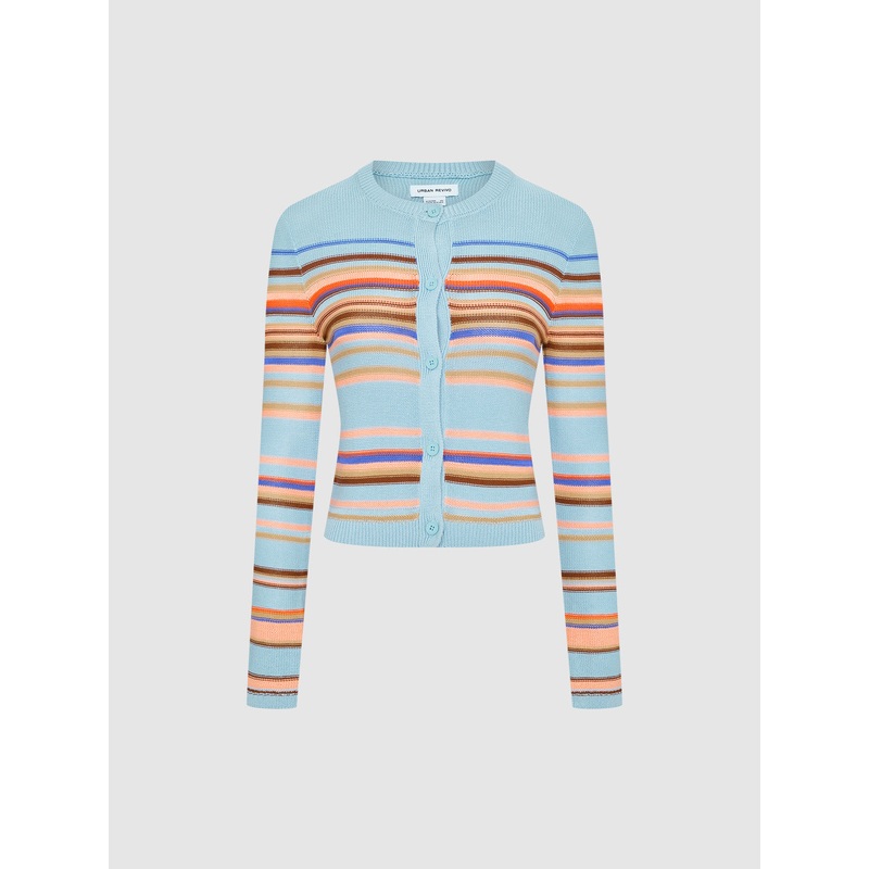 Striped Crew Neck Skinny Knitted Cardigan Blue Striped XS