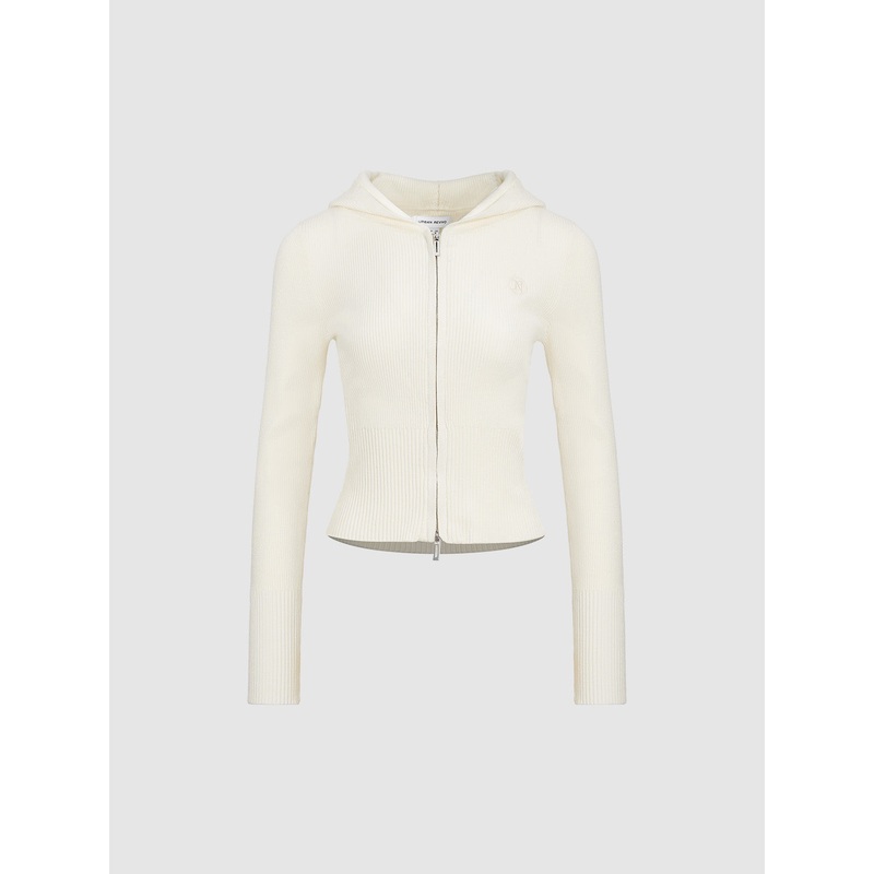 Zipper Front Hooded Knitted Cardigan White XS