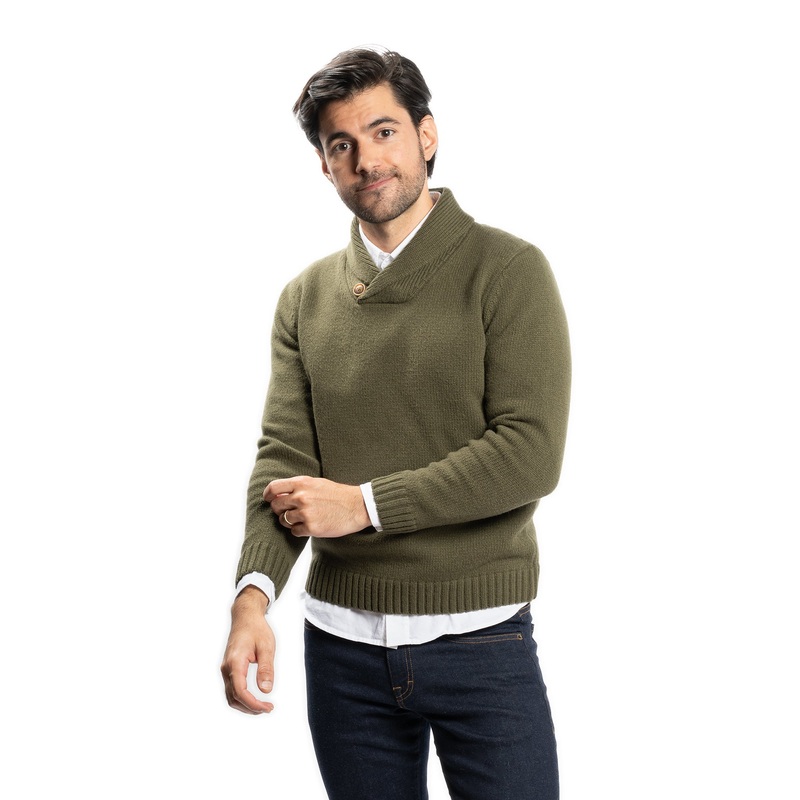 Wool Shawl Collar Sweaters – Olive 1
