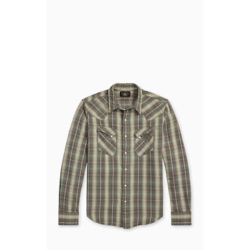 RRL Slim Fit Plaid Twill Western Shirt Green/Grey S