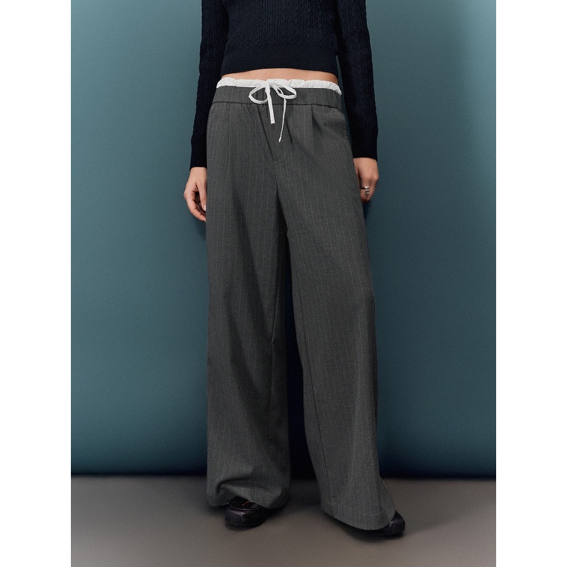 Bow Decor Wide-Leg Pants Grey Striped XXS